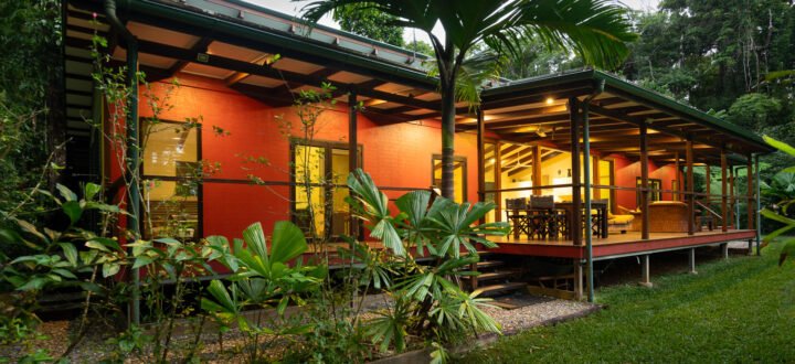 The House at dusk, verandah lit, rainforest behind